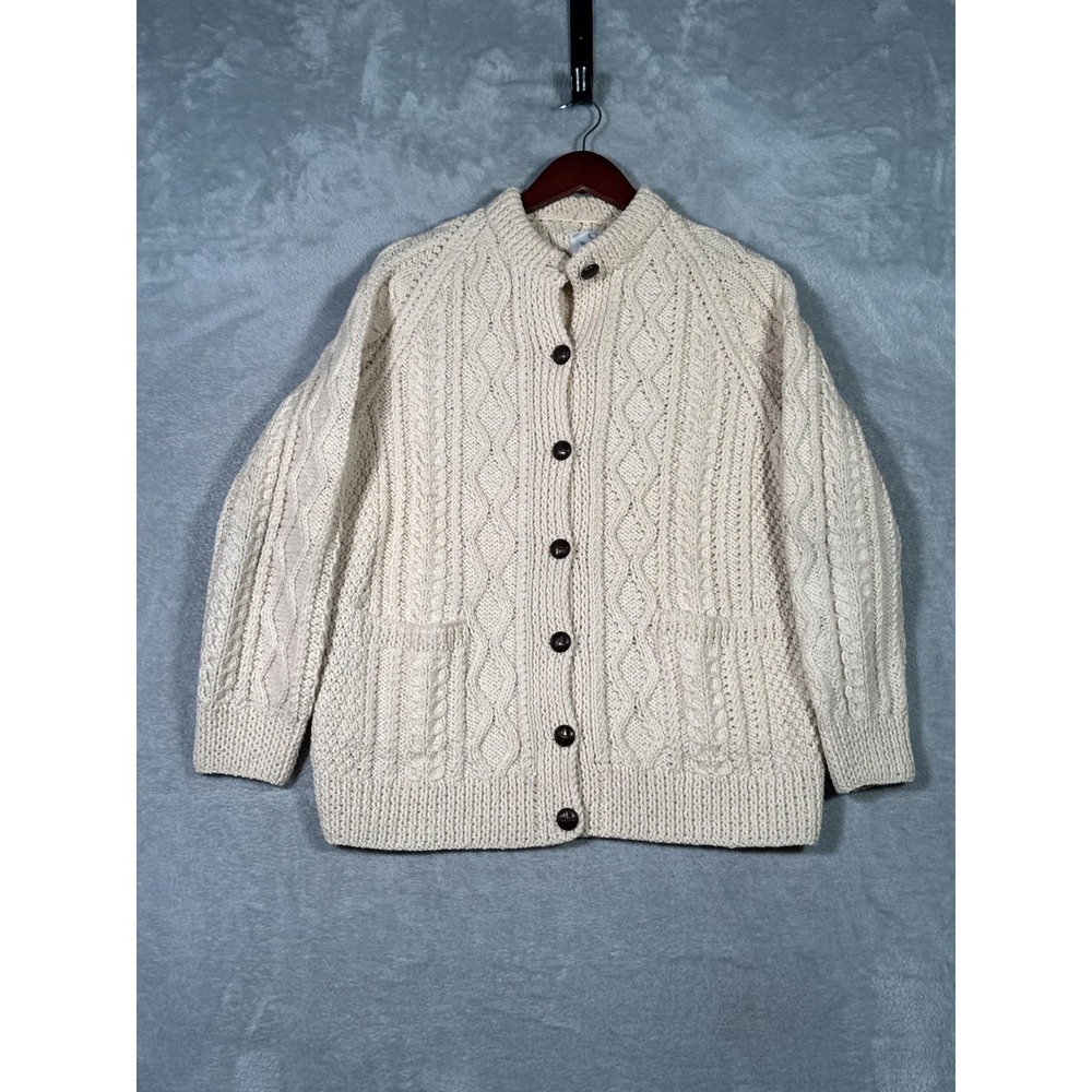 Quill's Woollen Market Sweater Womens L White Wool Hand Knit Cardigan Ireland